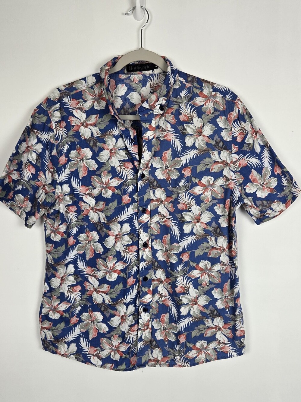 Allegra K Blue Floral Short Sleeve Button-Up Collared Shirt 100% Cotton Large